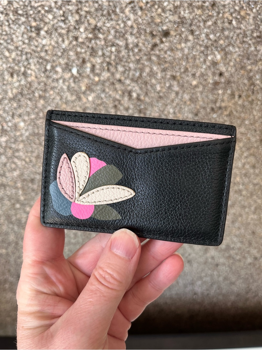 Fossil Black Leather Card Holder with Pink Trim and Floral Applique